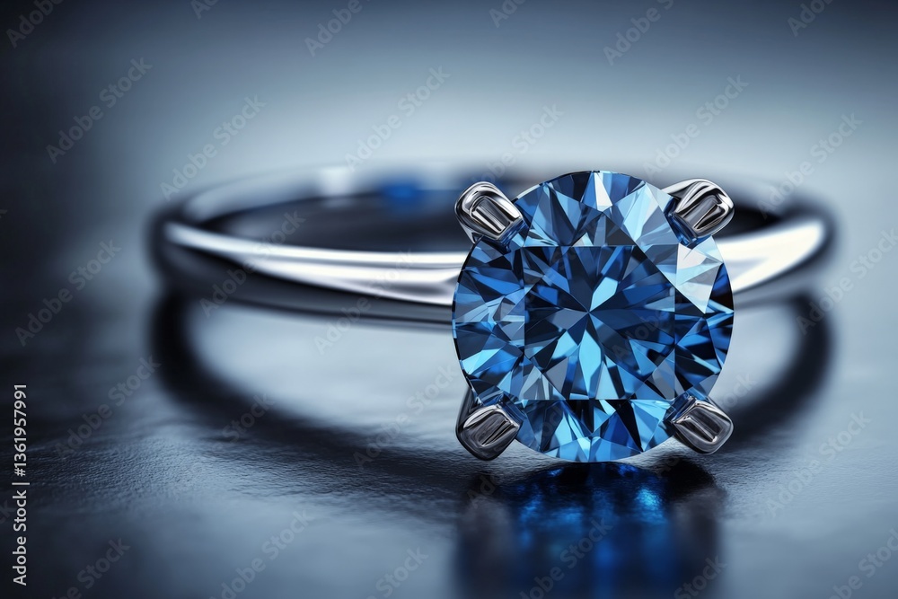 Poster sleek blue diamond ring sparkling under soft lighting on a dark surface highlighting its elegant des