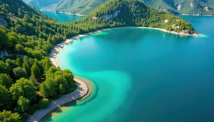 Distinctive shoreline, irregular lake edge creating geometric shapes, visual, aerial, natural