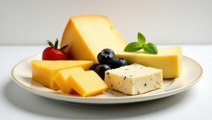 Elegant cheese plate, gourmet cheeses, white backdrop , photography, rich, white