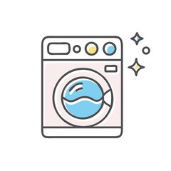 Icon of clean washing machine illustration with transparent door and bubbles in pastel colors and copy space