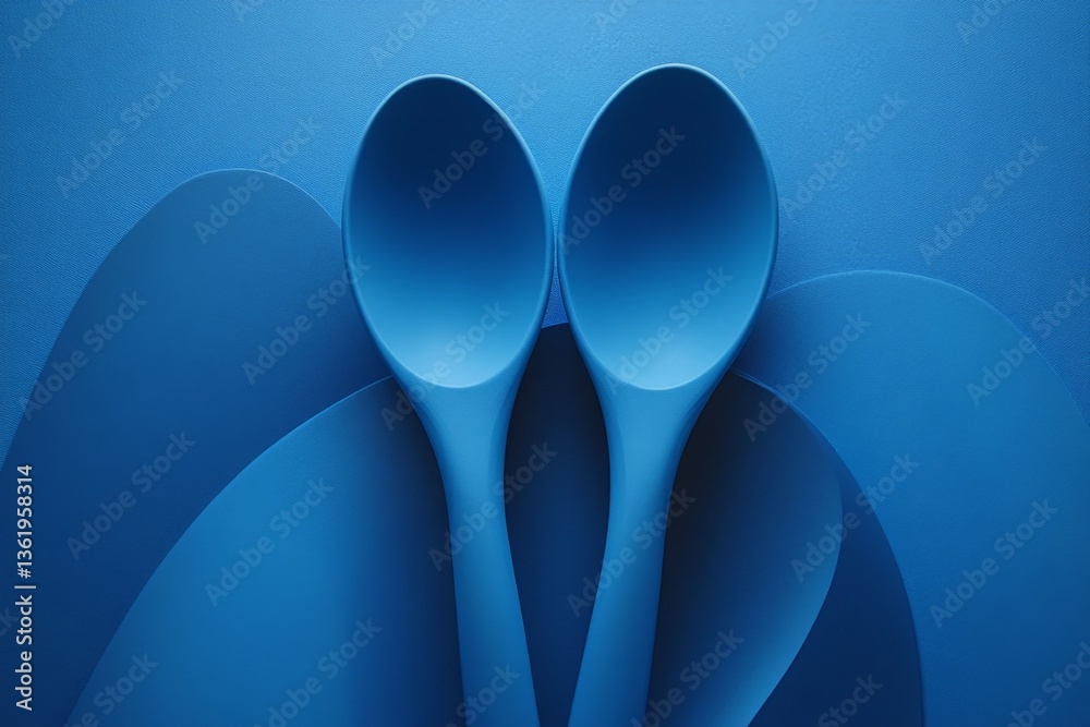 Poster two blue spoons placed on a blue background with curved shapes in a creative arrangement showcasing 