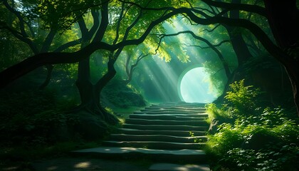 Mystical forest path, ancient gnarled trees, dappled sunlight, misty atmosphere, moss-covered stones, ethereal glow, fantasy woodland