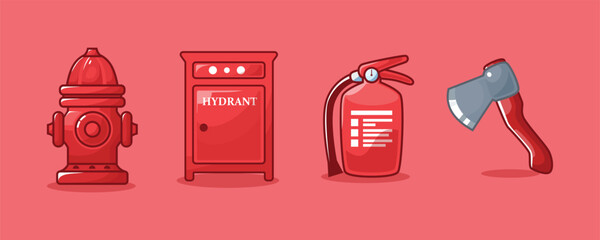 Set of fire fighter tools such as fire extinguisher water hydrant and axe vector design illustration in simple and cartoon style . perfect for asset material or sticker 