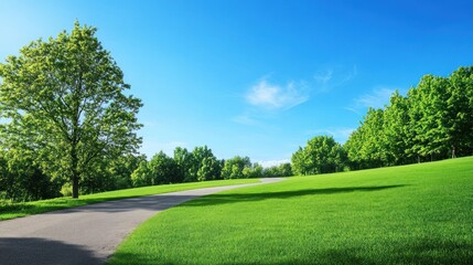 Winding road through a lush green park on a sunny day.