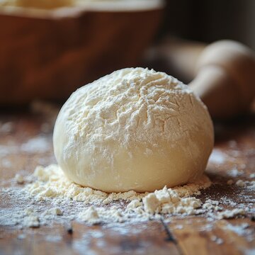 Primer plano de una bola de masa para pizza o pan, reposando sobre un poco de harina espolvoreada sobre una encimera de madera, ingredientes frescos, fondo oscuro mesada de cocina y &uacute;tiles de madera.