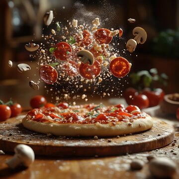 Primer plano de una pizza prepar&aacute;ndose sobre una tabla de madera, y los ingredientes como tomates, salami, pimientos, champi&ntilde;ones, queso, van cayendo sobre la pizza, fondo oscuro mesada de cocina.