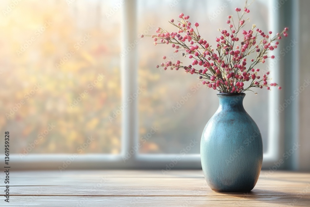 Poster beautiful arrangement of flowers in blue vase on a wooden table with soft sunlight filtering through