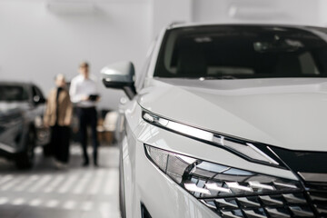 A customer at a car dealership consults with a salesperson, choosing a new vehicle. Concept: a...