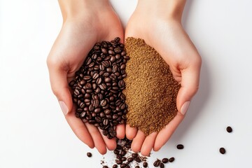 Fototapeta premium Hands holding coffee beans and ground coffee showing the transformation of coffee from whole to ground in a simple and clear representation