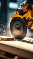 Woodworking process in a workshop with power tools creating fine dust and splinters during a bright afternoon