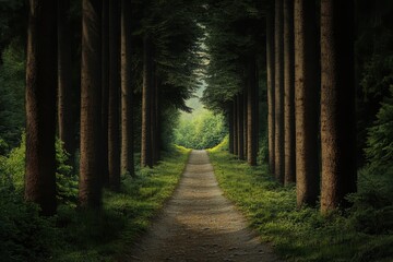 Fototapeta premium Pathway through a serene forest with towering trees and green foliage