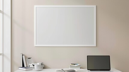 A white rectangular frame hanging above a hallway table with a coffee cup, a laptop, and a few open books. HD 8K mockup wallpaper Photographic Image