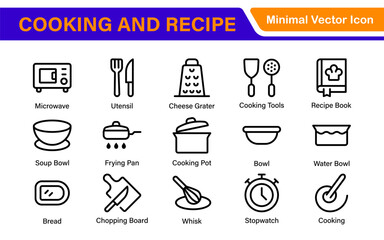 Fototapeta premium Premium Cooking and Recipe Icons – Line, Outline, Minimal, Vector – Kitchen, Chef, Food, Baking, Restaurant UI Icons
