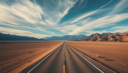 Fototapeta premium desert highway, endless road, dramatic sky, wispy clouds, barren landscape, mountain range, vanishing point, empty road, desolate scenery