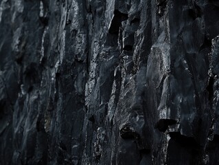 Dark, rugged rock face texture. Close-up view of layered, fractured, basalt rock formations