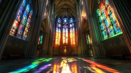 Fototapeta premium The lighting inside a cathedral, especially as sunlight filters through stained glass, creates a mystical and ethereal atmosphere, transforming