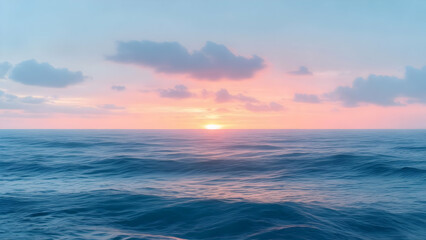 Obraz premium Peaceful Seascape at Dawn Sun Peeking Over Horizon Gentle Waves Reflecting Soft Pastel Colors Pink Blue Sky Vast Ocean Panoramic View