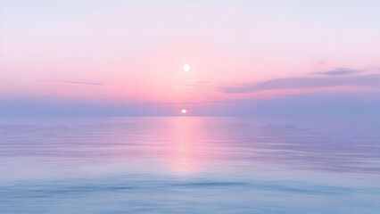 Fototapeta premium Mystical Seascape Moon High in Starry Sky Reflecting on Calm Ocean Residual Dawn Light Paints Horizon Peaceful Panoramic Nature Background