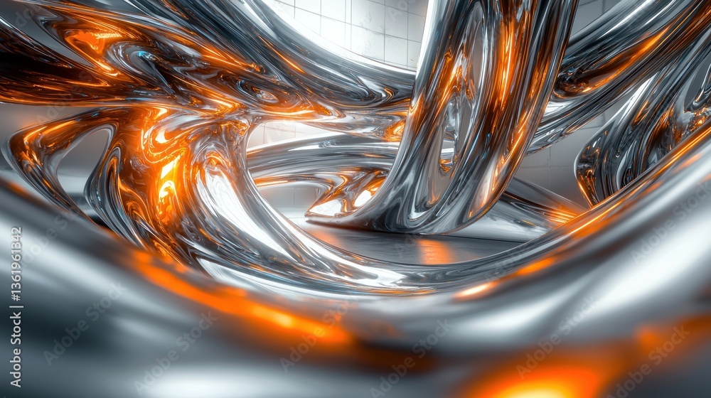 Poster abstract 3d rendering of swirling, metallic forms in shades of silver and orange. the image features