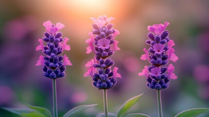 Obraz premium A captivating meadow of pastel wildflowers at sunset, featuring vibrant purple and pink blooms, against a gentle, hazy landscape for a surreal nature escape