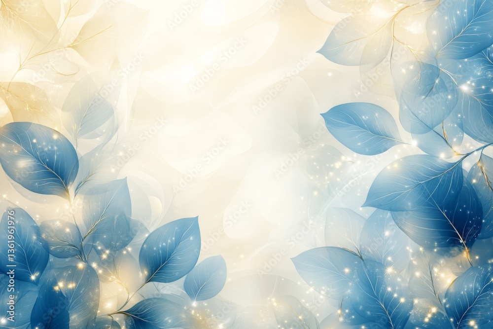 Poster Beautiful blue leaves with sparkling accents create a serene background in a soft light setting