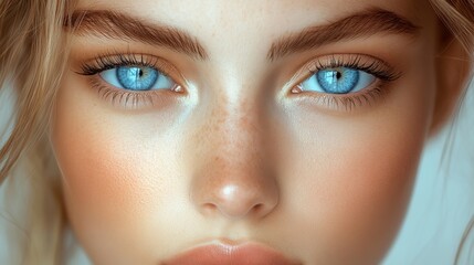 Fototapeta premium Portrait of a young woman with striking blue eyes and natural beauty captured in soft light, emphasizing her flawless skin and delicate features in a serene setting
