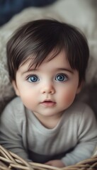 Sweet baby with captivating blue eyes sitting in a cozy setting surrounded by soft textures and warm colors