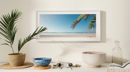 A white rectangular frame hanging above a hallway table, surrounded by keys, a bowl, and a plant. HD 8K mockup wallpaper Photographic Image