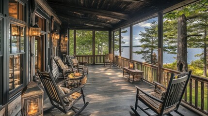 Serene Lakeside Porch: Rustic Cabin Relaxation