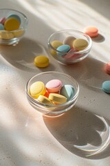 Close up of colored round tablets in clear glass bowls.