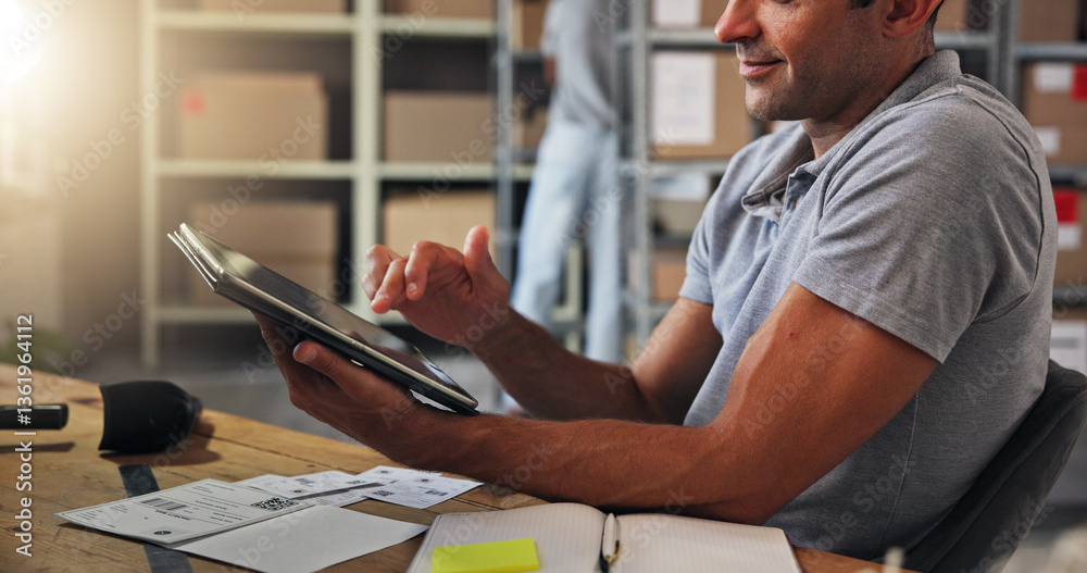 Aufkleber hands, supply chain and tablet with man in distribution depot for checklist or inventory update. box