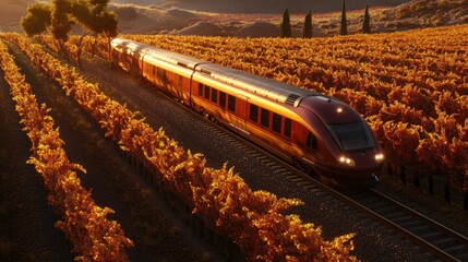 Train Passing Through Golden Vineyard at Sunset