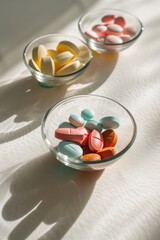 Close up of colored round tablets in clear glass bowls.