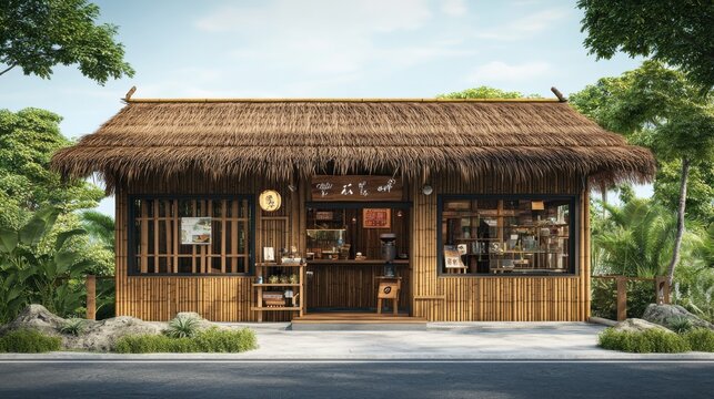 Charming wooden shop with a thatched roof nestled in a lush tropical landscape