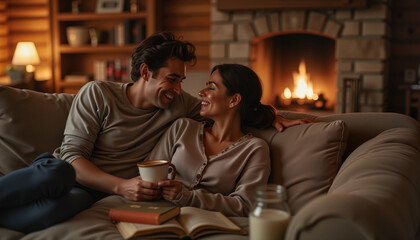 Joyful couple cuddling on plush couch in rustic cabin, intimate warmth