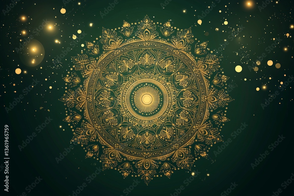 Poster intricate golden mandala design with shimmering cosmic elements on a dark green background