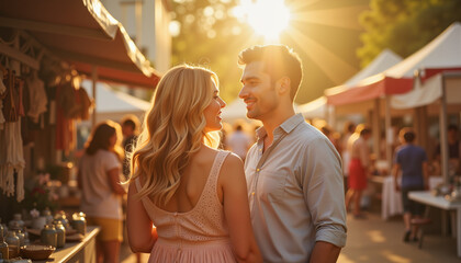 Obraz premium Loving couple sharing a moment at artisan market during golden hour