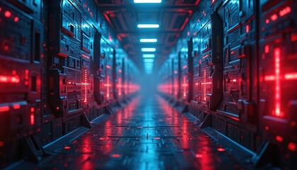 Futuristic digital world with blue data blocks pulsing energy. Crimson red light creates captivating abstract tech background. Sci-fi, data processing, digital innovation concept.