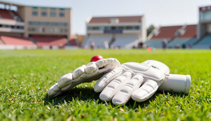 Cricket gloves resting on pitch in bright sunlight, sports dedication