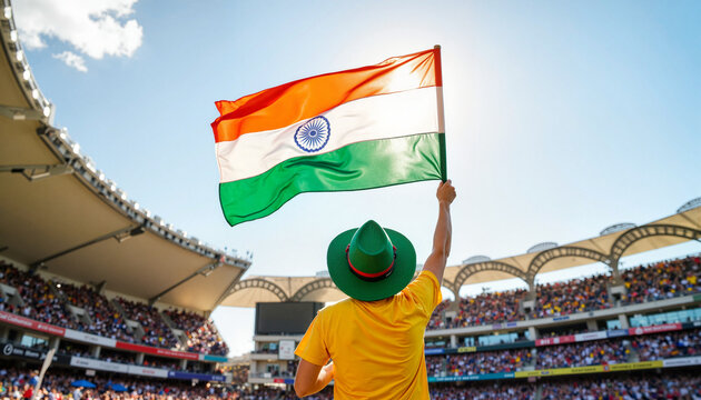 Sports fan waving Indian national flag at crowded stadium for cricket match, international sports celebration, and patriotic team support concept - Powered by Adobe
