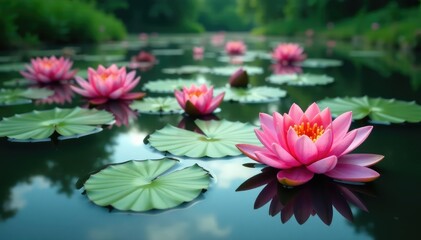 Obraz premium Water lilies creating a floral pattern across a still lake, design, leaves