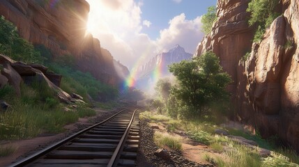 Naklejka premium Vibrant Canyon with Rainbows in Sunlit Mist