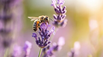 A close-up of a lavender flower with a bee collecting nectar