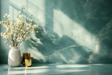 Elegant floral arrangement against a marble backdrop featuring soft sunlight and shadows in a serene setting