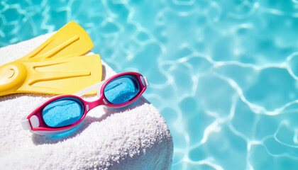 Whimsical swimming goggles resting on towel by bright poolside, summer fun