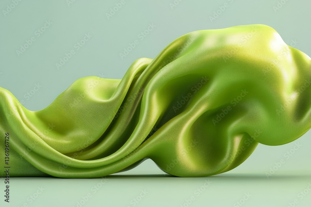 Poster flowing green fabric draped elegantly on a soft green background highlighting texture and sheen in a