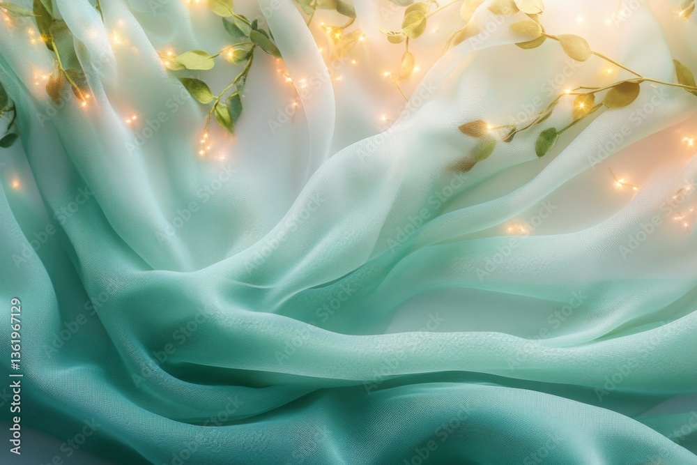 Poster soft mint fabric draped with delicate leaves and twinkling lights creates a serene and inviting atmo