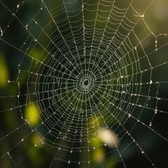 Obraz premium Intricate spiderweb glistening with dew, sunlight reflecting, symmetry, autumn