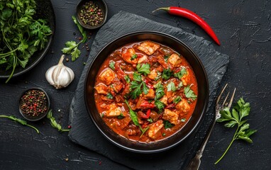 Overhead shot of a dark bowl filled with a red stew, garnished with fresh parsley. Surrounding the bowl are various spices, a red chili pepper, garlic, and more parsley. The background is a dark
