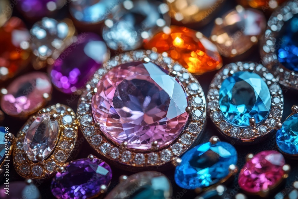 Poster colorful array of sparkling gemstones arranged elegantly on display in a market setting during dayli